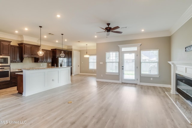 kitchen with crown molding, stainless steel appliances, light wood-style flooring, a premium fireplace, and open floor plan