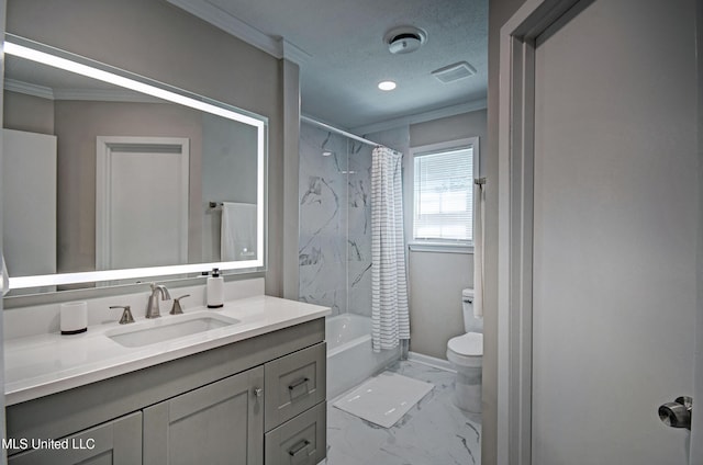 1201 Manchester Dr, Clinton, MS 39056 - full bath featuring crown molding, vanity, marble finish floor, shower / bath combination with curtain, and toilet