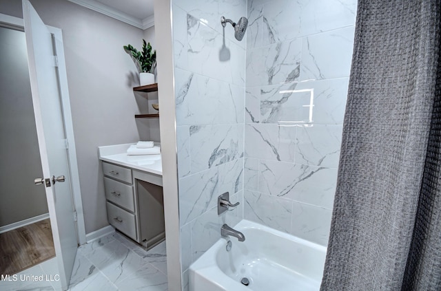 1201 Manchester Dr, Clinton, MS 39056 - bathroom featuring ornamental molding, tub / shower combination, marble finish floor, and vanity