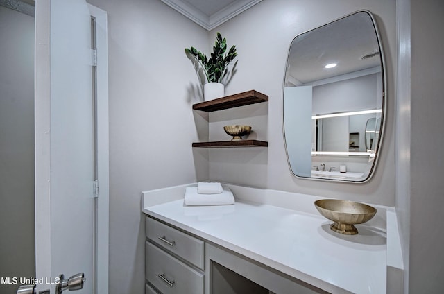 1201 Manchester Dr, Clinton, MS 39056 - bathroom featuring vanity, ornamental molding, and visible vents