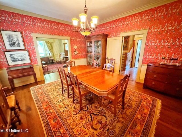 5010 Old Hwy 49, Clarksdale, MS 38614 - dining area with wallpapered walls, wainscoting, wood finished floors, a chandelier, and ornamental molding