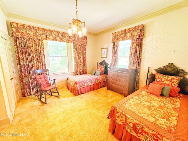 5010 Old Hwy 49, Clarksdale, MS 38614 - bedroom featuring crown molding, multiple windows, a chandelier, and carpet flooring
