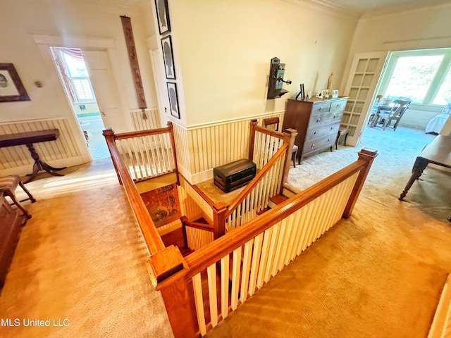5010 Old Hwy 49, Clarksdale, MS 38614 - stairs featuring carpet, ornamental molding, french doors, and a wainscoted wall