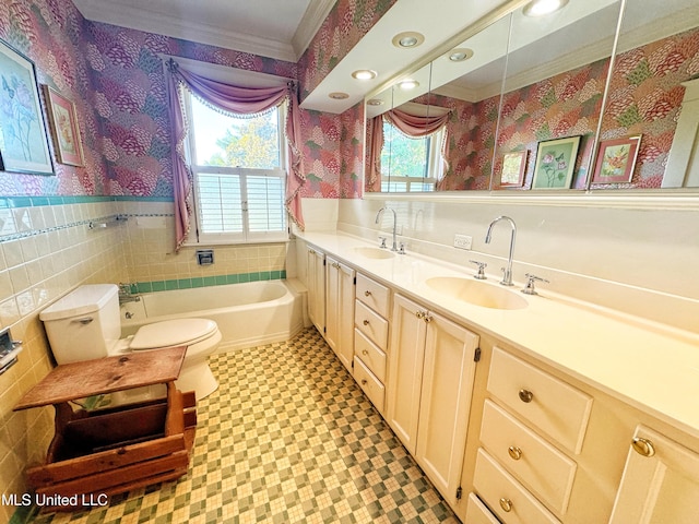 5010 Old Hwy 49, Clarksdale, MS 38614 - full bathroom featuring wallpapered walls, tile patterned floors, toilet, ornamental molding, and double vanity