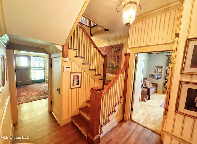 5010 Old Hwy 49, Clarksdale, MS 38614 - staircase featuring wood finished floors, ornamental molding, and a chandelier