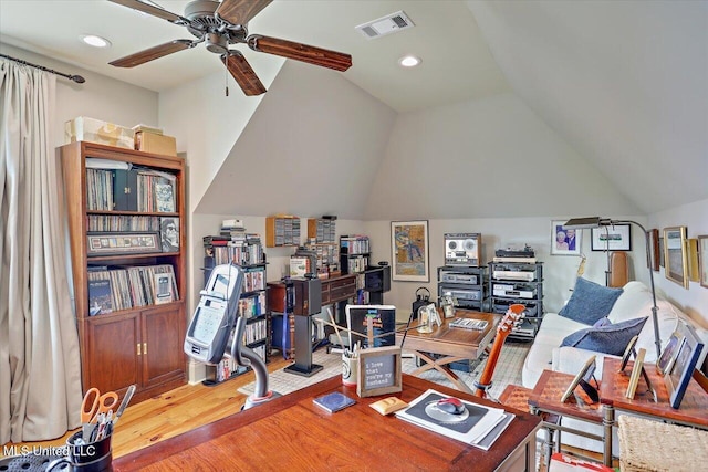 181 Ironwood Plantation Blvd, Madison, MS 39110 - home office with a ceiling fan, vaulted ceiling, wood finished floors, and recessed lighting