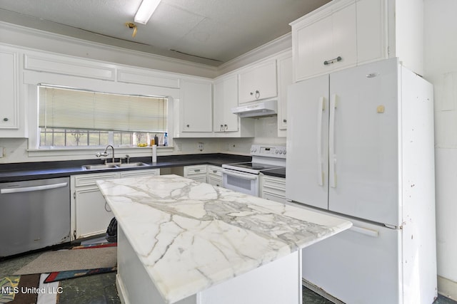 kitchen featuring a center island, under cabinet range hood, white cabinets, white appliances, and a sink