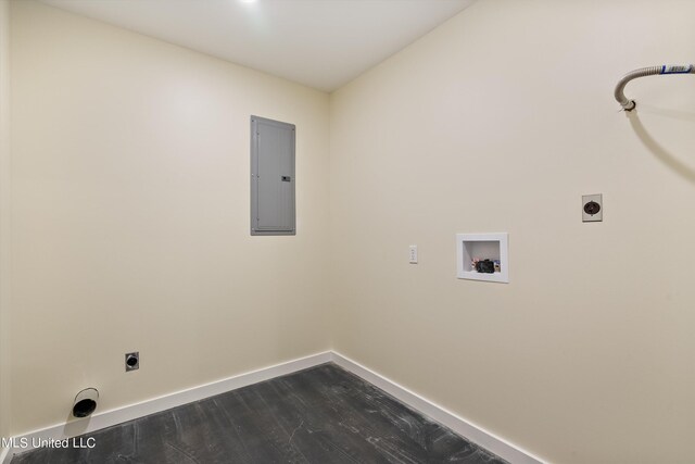 laundry area featuring electric dryer hookup, washer hookup, electric panel, and dark hardwood / wood-style floors