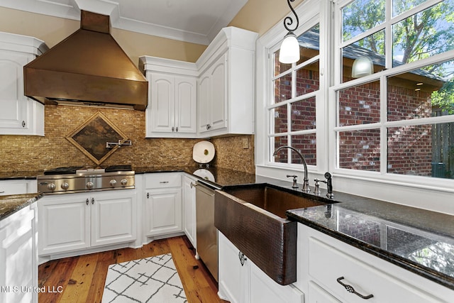 kitchen with hanging light fixtures, white cabinetry, light hardwood / wood-style flooring, stainless steel appliances, and ventilation hood