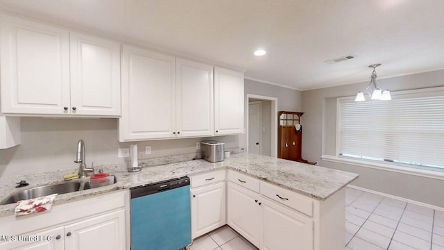 136 Westlake Dr, Brandon, MS 39047 - kitchen featuring dishwasher, a sink, a peninsula, light tile patterned floors, and white cabinets