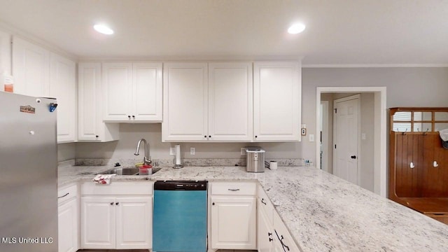136 Westlake Dr, Brandon, MS 39047 - kitchen featuring dishwasher, freestanding refrigerator, a sink, white cabinets, and ornamental molding