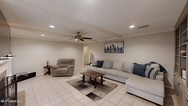 136 Westlake Dr, Brandon, MS 39047 - living room with recessed lighting, ceiling fan, light tile patterned flooring, baseboards, and ornamental molding