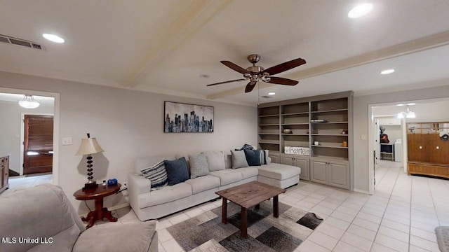 136 Westlake Dr, Brandon, MS 39047 - living room featuring light tile patterned floors, a ceiling fan, recessed lighting, and built in features
