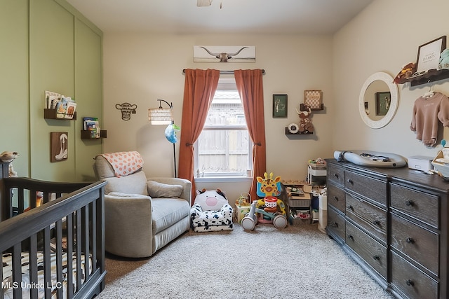 bedroom featuring light colored carpet