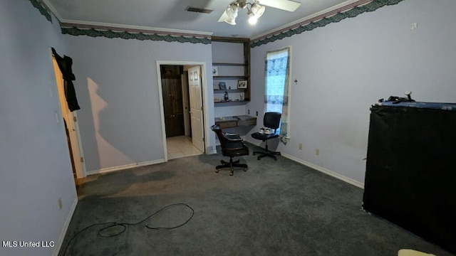 home office with ceiling fan and carpet