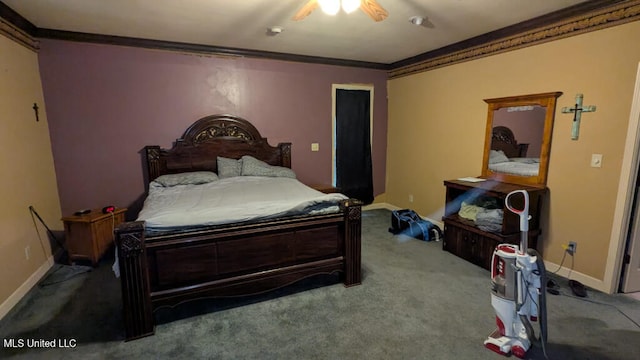 carpeted bedroom featuring ceiling fan and crown molding