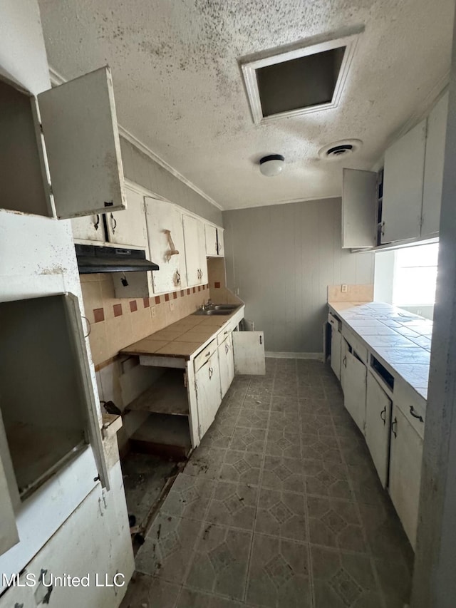 kitchen with white cabinets, sink, and a textured ceiling