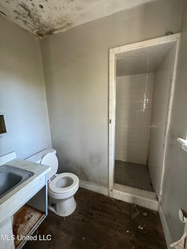 bathroom featuring vanity, toilet, wood-type flooring, and tiled shower