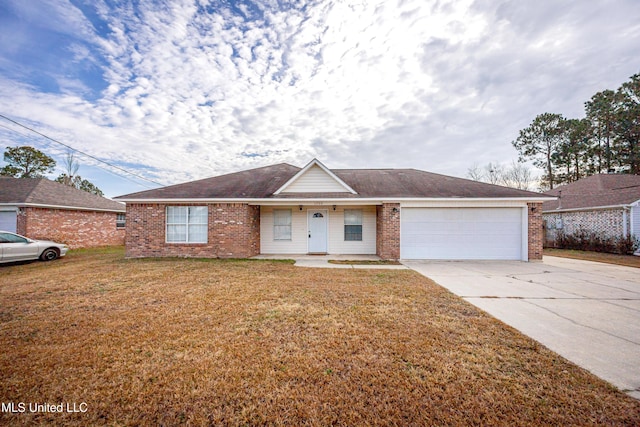 single story home featuring a garage and a front lawn