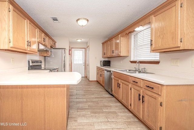 kitchen with stainless steel appliances, sink, a textured ceiling, and a wealth of natural light