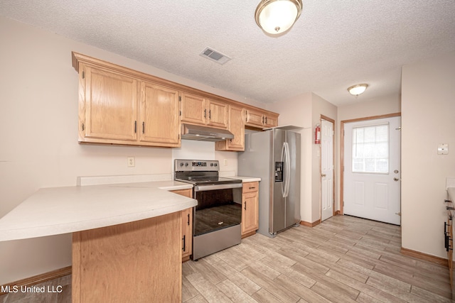 kitchen featuring appliances with stainless steel finishes, kitchen peninsula, light hardwood / wood-style floors, and a textured ceiling