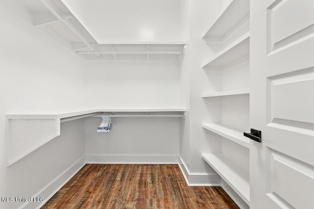 spacious closet with dark wood-type flooring and built in desk