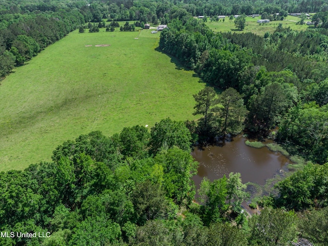 drone / aerial view with a water view and a wooded view