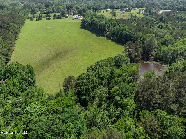 drone / aerial view featuring a water view and a forest view