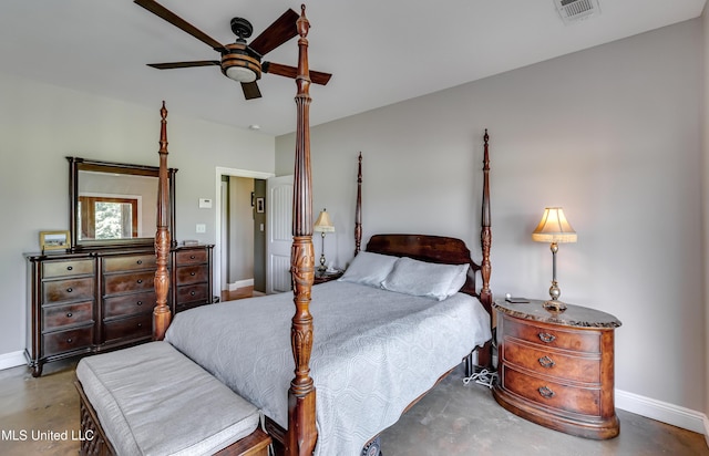 bedroom with baseboards, concrete floors, ceiling fan, and visible vents