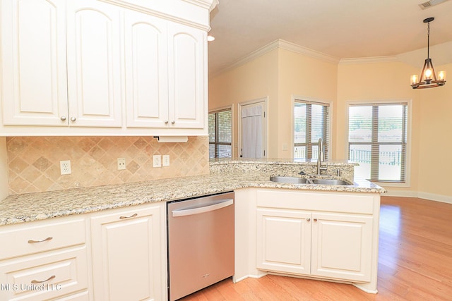 kitchen with crown molding, tasteful backsplash, dishwasher, a sink, and a peninsula