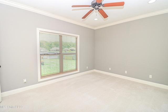 unfurnished room featuring recessed lighting, ornamental molding, and light carpet