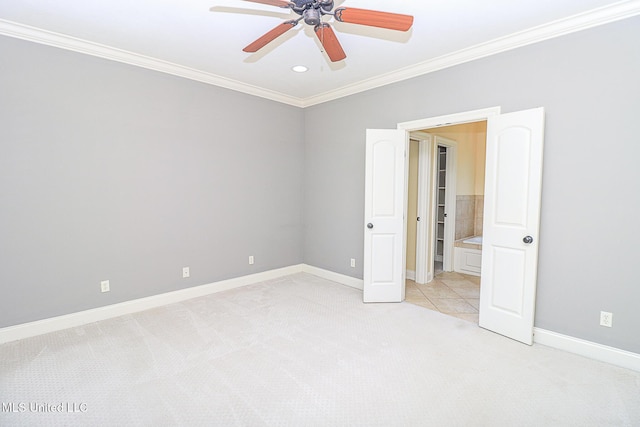 unfurnished bedroom featuring crown molding, light carpet, baseboards, recessed lighting, and a ceiling fan