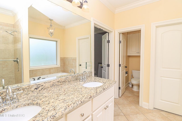 full bath with toilet, a sink, tile patterned flooring, and a stall shower