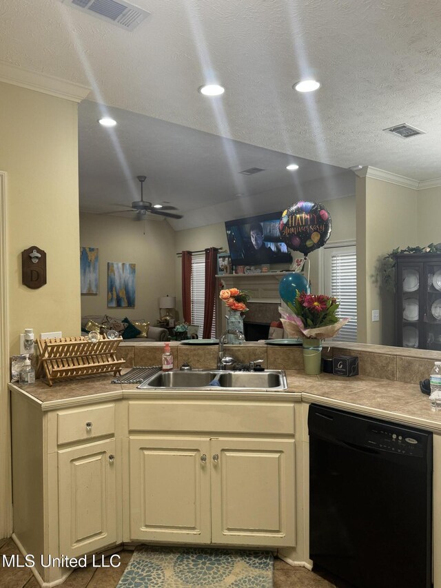140 Devlin Springs Dr, Madison, MS 39110 - kitchen with dishwasher, a sink, crown molding, a fireplace, and a ceiling fan