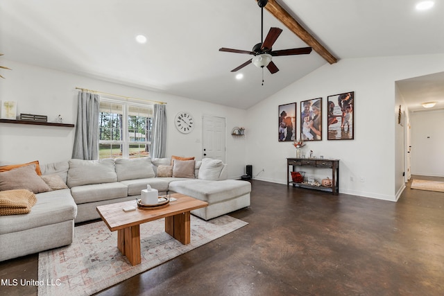 living room with vaulted ceiling with beams and ceiling fan