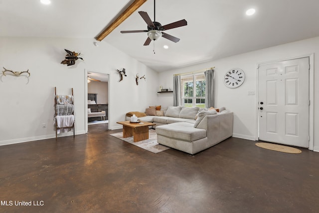 living room with vaulted ceiling with beams and ceiling fan