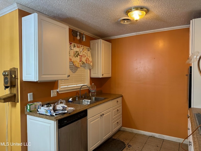 kitchen with white cabinetry, a textured ceiling, dishwasher, crown molding, and sink