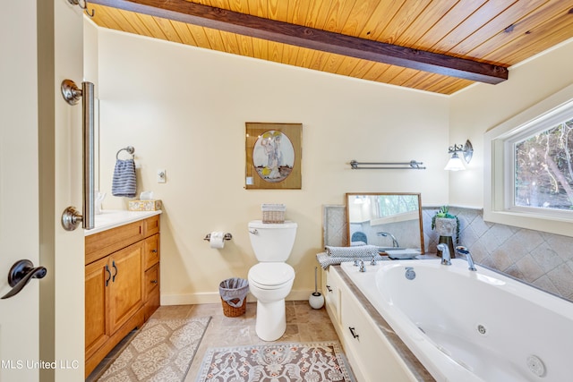 bathroom with toilet, vanity, wooden ceiling, and a wealth of natural light