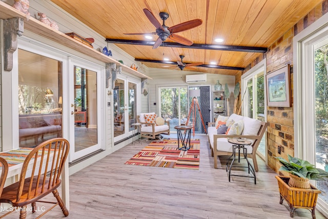 sunroom featuring wood ceiling, a wall mounted AC, ceiling fan, vaulted ceiling with beams, and french doors