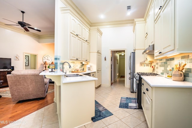 704 Tortoise Rdg, Brandon, MS 39047 - kitchen with under cabinet range hood, a peninsula, stainless steel appliances, ceiling fan, and open floor plan