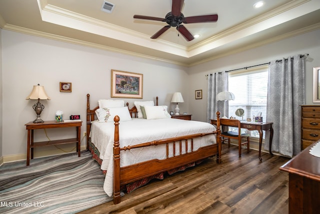 704 Tortoise Rdg, Brandon, MS 39047 - bedroom with a raised ceiling, crown molding, dark wood-style flooring, recessed lighting, and ceiling fan