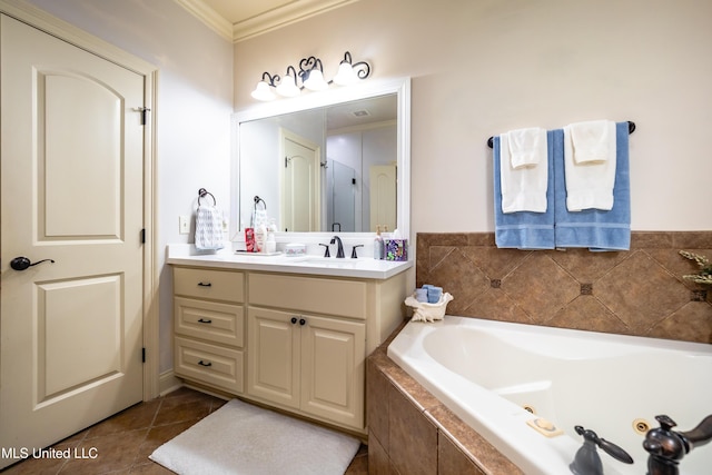 704 Tortoise Rdg, Brandon, MS 39047 - full bath with vanity, ornamental molding, a jetted tub, and tile patterned floors