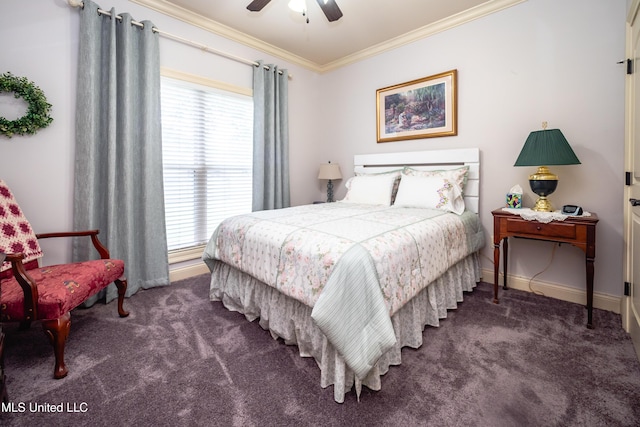 704 Tortoise Rdg, Brandon, MS 39047 - carpeted bedroom with ornamental molding, baseboards, and a ceiling fan