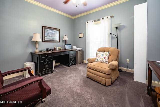 704 Tortoise Rdg, Brandon, MS 39047 - office area featuring a ceiling fan, carpet, crown molding, and baseboards