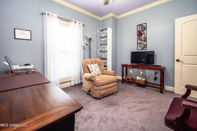 704 Tortoise Rdg, Brandon, MS 39047 - carpeted office featuring ornamental molding, ceiling fan, and baseboards
