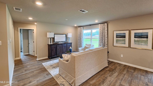 living room featuring wood-type flooring and a textured ceiling