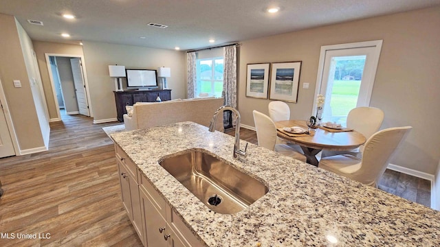 kitchen featuring sink, light stone counters, wood-type flooring, and a healthy amount of sunlight