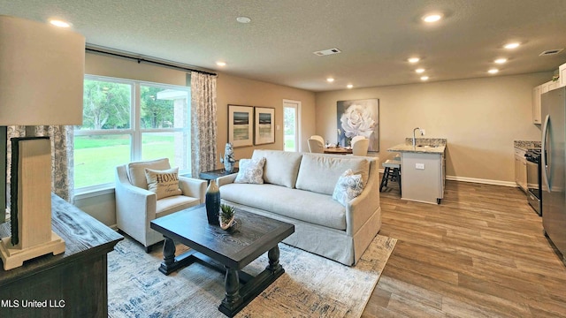 living room featuring light hardwood / wood-style flooring, a textured ceiling, and sink