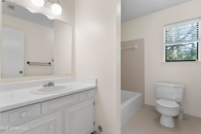 full bathroom featuring vanity, shower / washtub combination, toilet, and tile patterned flooring