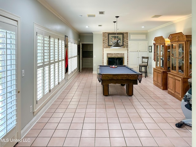 1120 Ford Rd, Terry, MS 39170 - playroom featuring a fireplace, pool table, light tile patterned floors, and crown molding